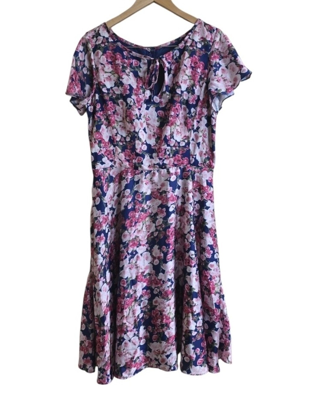 Unique Vintage Vibrant Pink Floral Print Knee Length Lined Summer Dress. Size XL